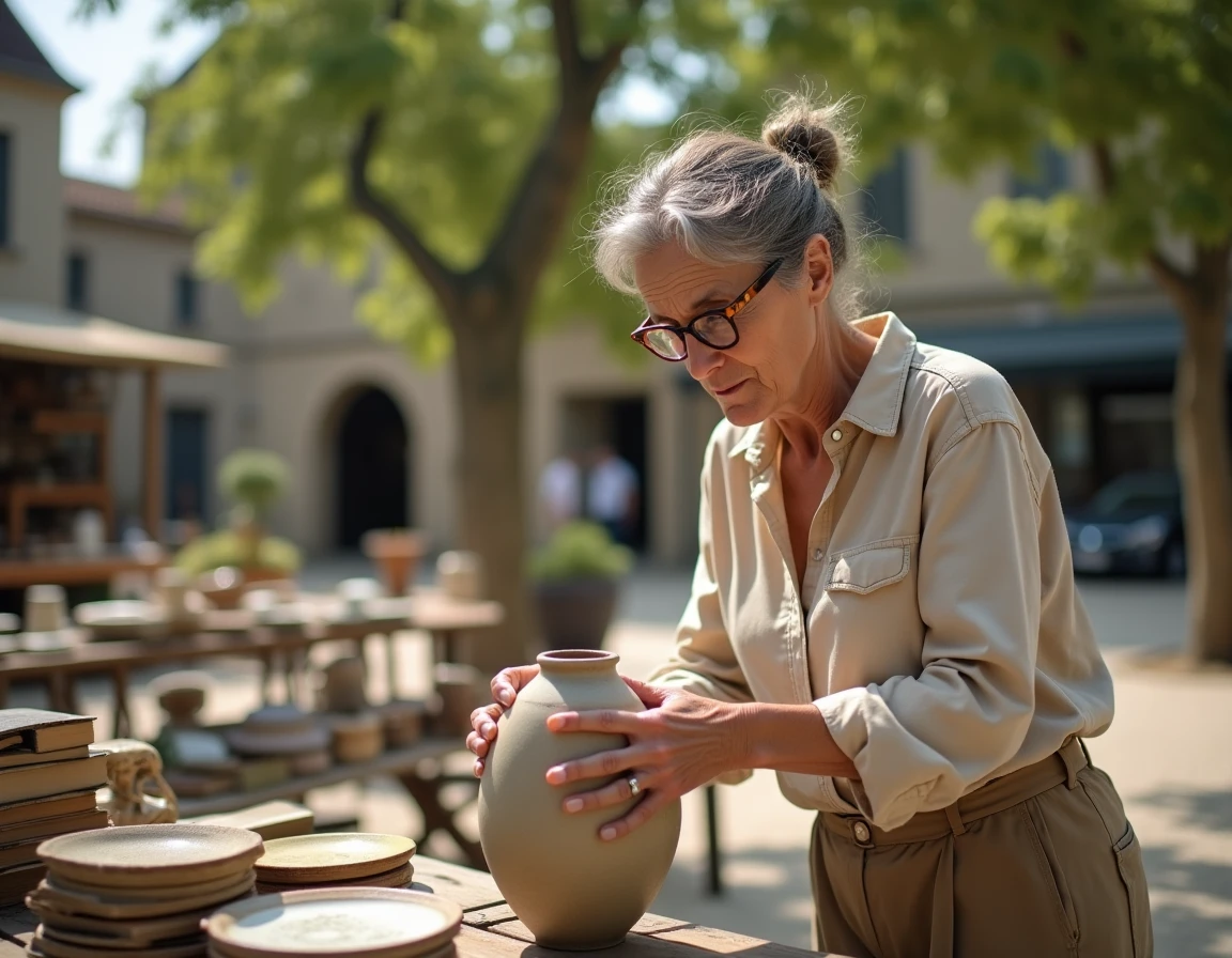 Chineuse examinant une poterie ancienne sur un vide-grenier en plein air dans l'Ain