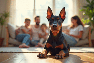 Chiot doberman dans un salon lumineux avec famille