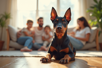 Chiot doberman dans un salon lumineux avec famille