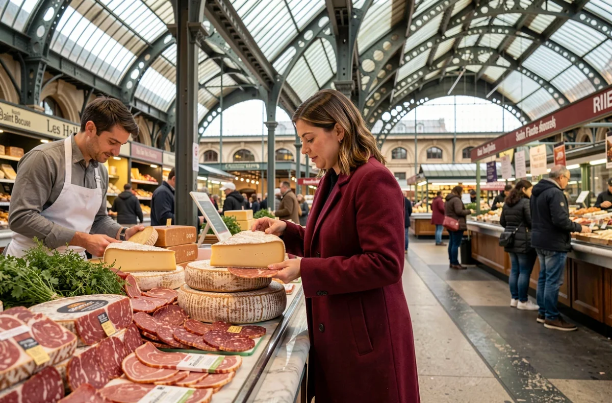 Femme découvrant les produits des Halles Paul Bocuse à Lyon lors d'une journée de city break gastronomique
