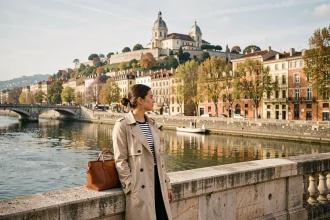Femme en trench-coat sur le Pont Bonaparte à Lyon avec vue sur la basilique de Fourvière lors d'un city break express depuis Paris