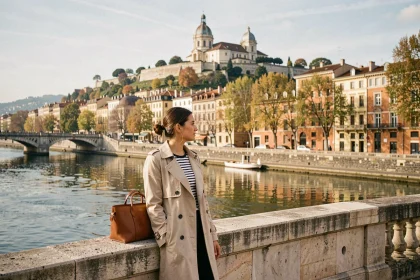 Femme en trench-coat sur le Pont Bonaparte à Lyon avec vue sur la basilique de Fourvière lors d'un city break express depuis Paris