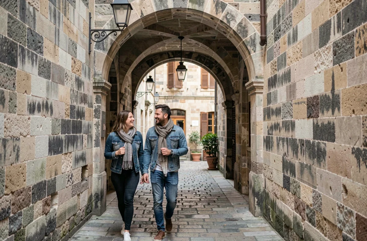 Deux amis explorant une traboule de Vieux-Lyon sous une arche Renaissance lors d'un city break le dimanche