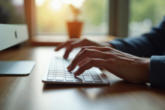 Clavier Mac sur bureau en bois avec mains tapant