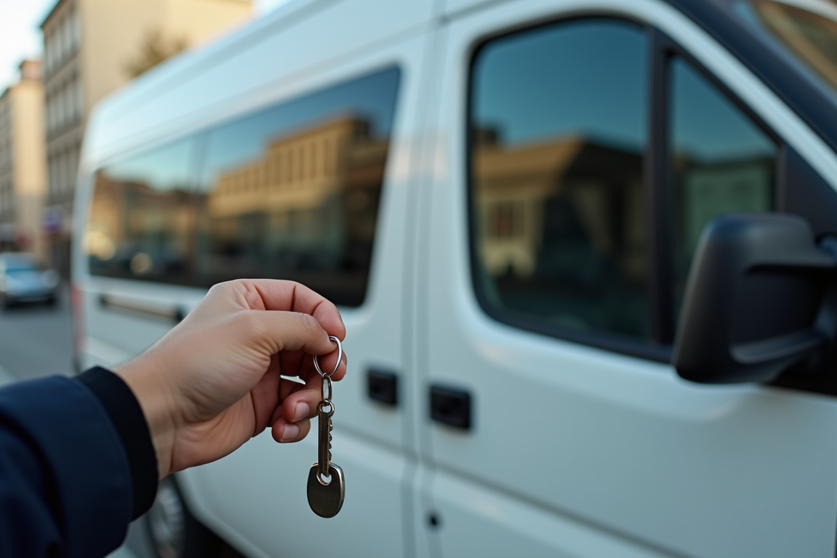 Main tenant une clé devant un van d