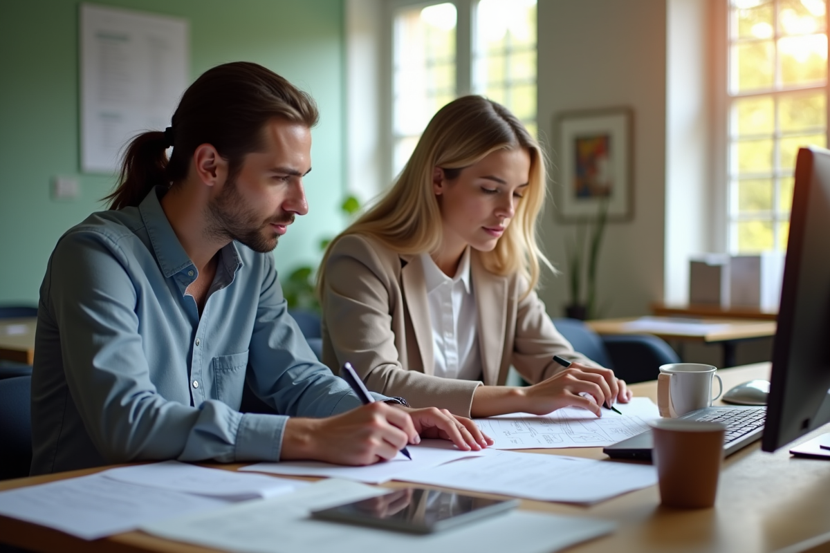 Deux enseignants collaborant dans un bureau moderne à Versailles