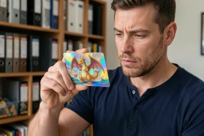 Collectionneur adulte examinant une carte Dracaufeu holographique rare Pokémon avec attention