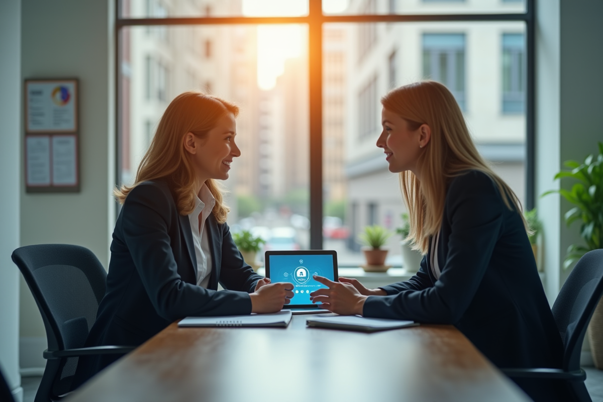 Deux collègues discutent avec une tablette en open space lumineux