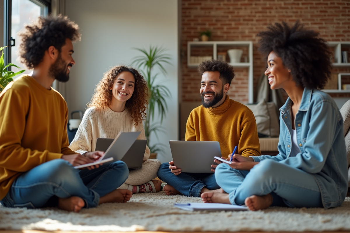 Quatre colocataires souriants dans un salon lumineux et moderne