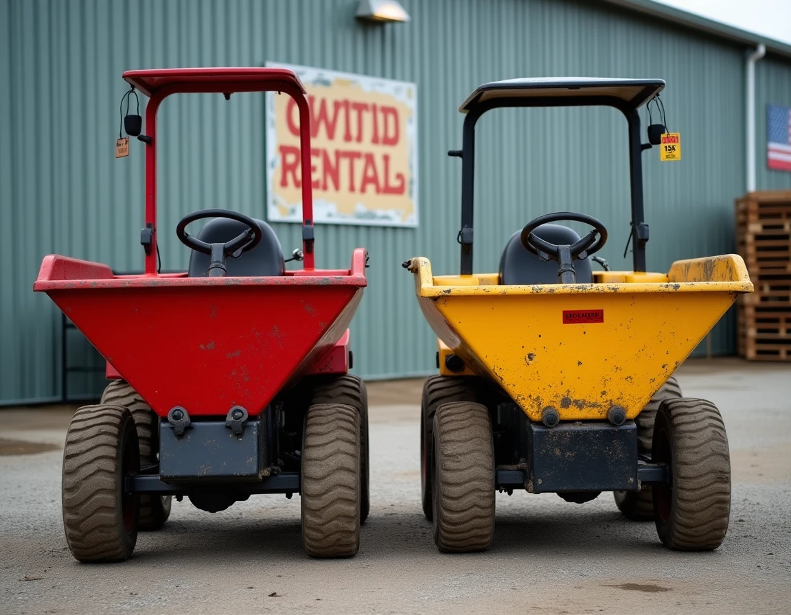 Deux mini dumpers côte à côte dans un dépôt de location de matériel BTP, comparaison visuelle entre modèles disponibles à la location ou à l'achat en 2026