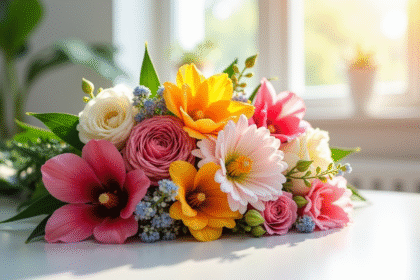 Arrangement de fleurs fraîches en forme de S sur une table blanche