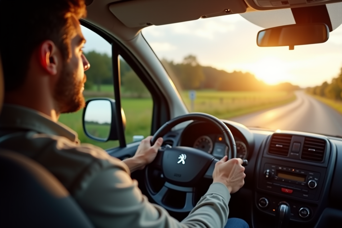 Homme conduisant confortablement une Peugeot Partner en campagne