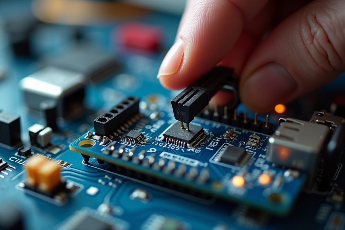 Main connectant fils jumpers sur microcontroleur Gertduino