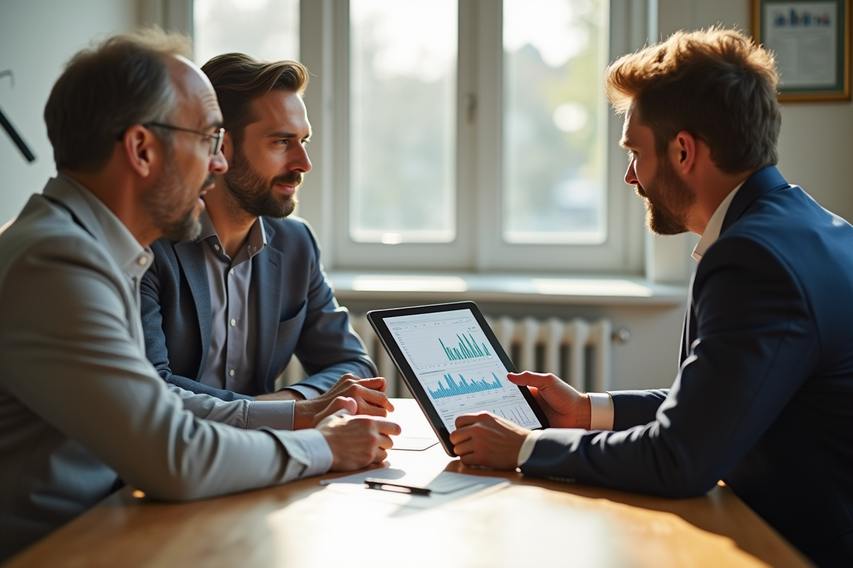 Conseiller financier montrant des graphiques sur une tablette à des clients