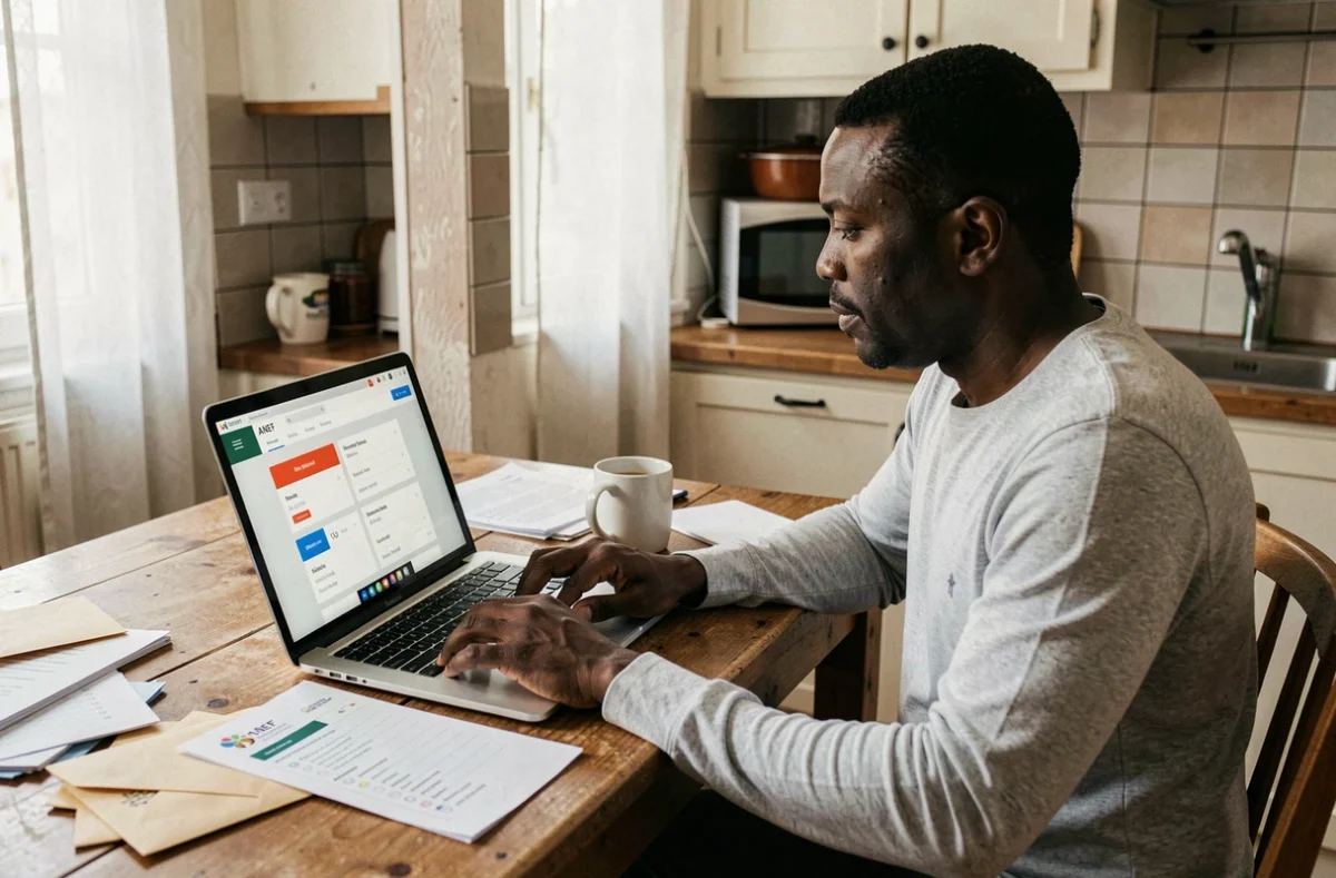 Homme consultant le portail numérique ANEF pour une demande de naturalisation depuis son domicile