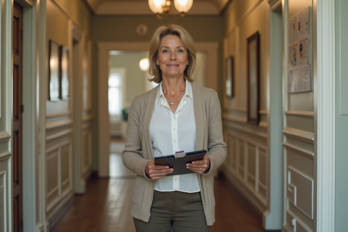 Femme gestionnaire immobiliere dans un couloir d appartement