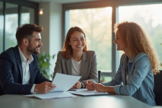 Jeune couple souriant avec un conseiller bancaire dans une banque moderne