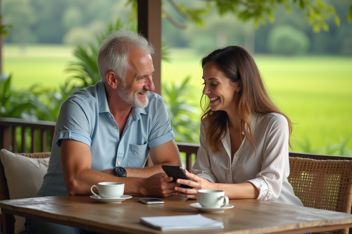 Couple discutant à un café en plein air avec vue sur la nature