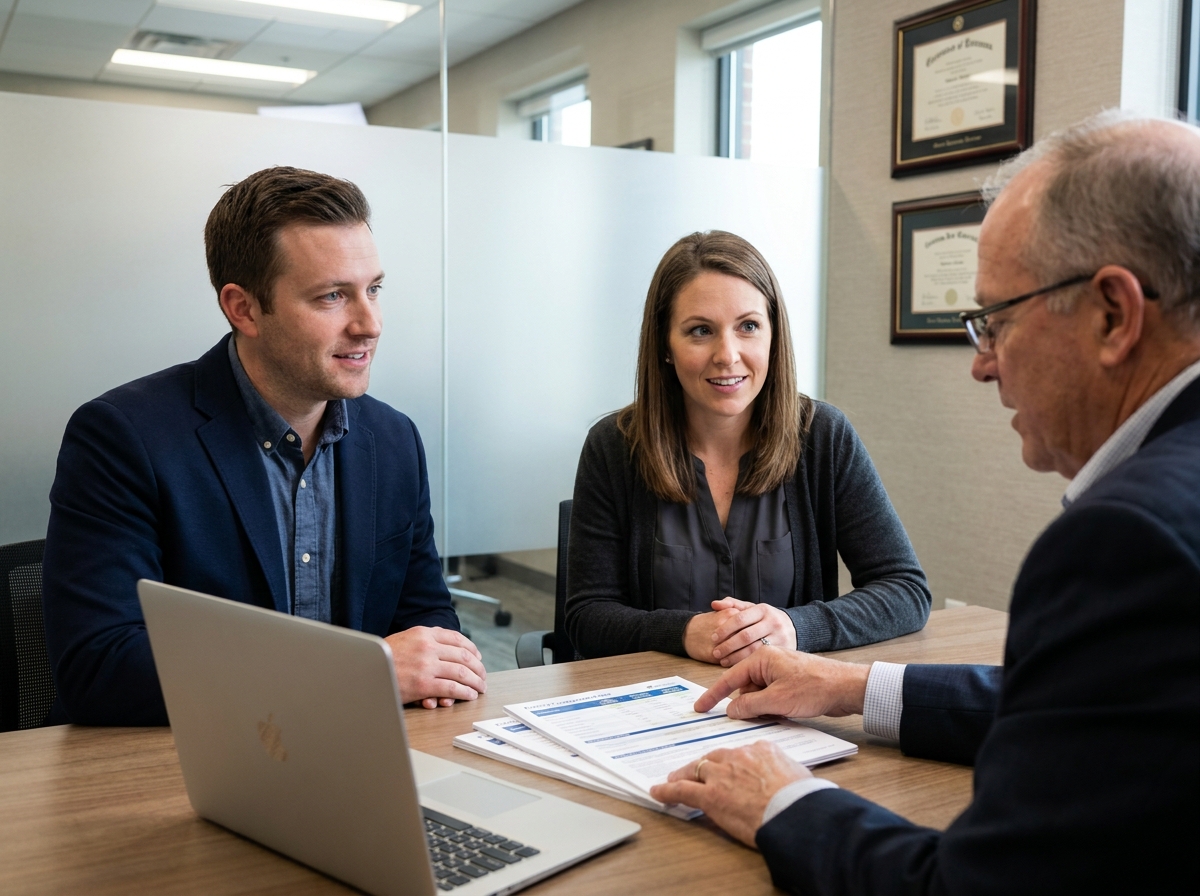Couple consultant un conseiller en assurance auto pour comparer les garanties et éviter les mauvaises surprises