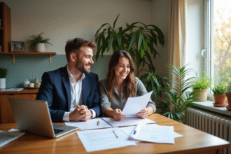 Couple souriant avec papiers et ordinateur dans un appartement lumineux