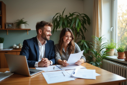 Couple souriant avec papiers et ordinateur dans un appartement lumineux