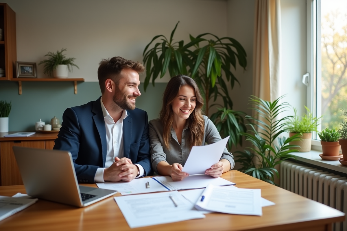 Couple souriant avec papiers et ordinateur dans un appartement lumineux