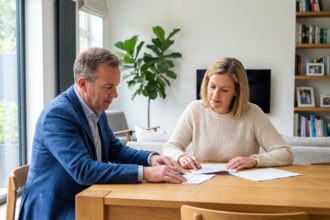 Couple d'adultes discutant de documents dans un salon moderne