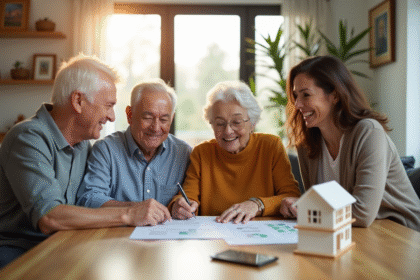 Couple senior souriant avec enfants dans un salon lumineux