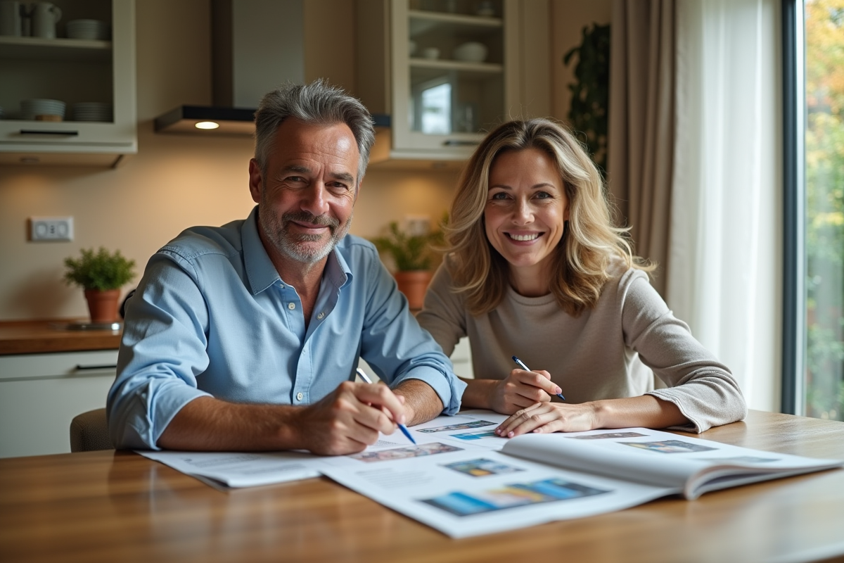 Couple d'adultes étudient des portefeuilles immobiliers à la maison