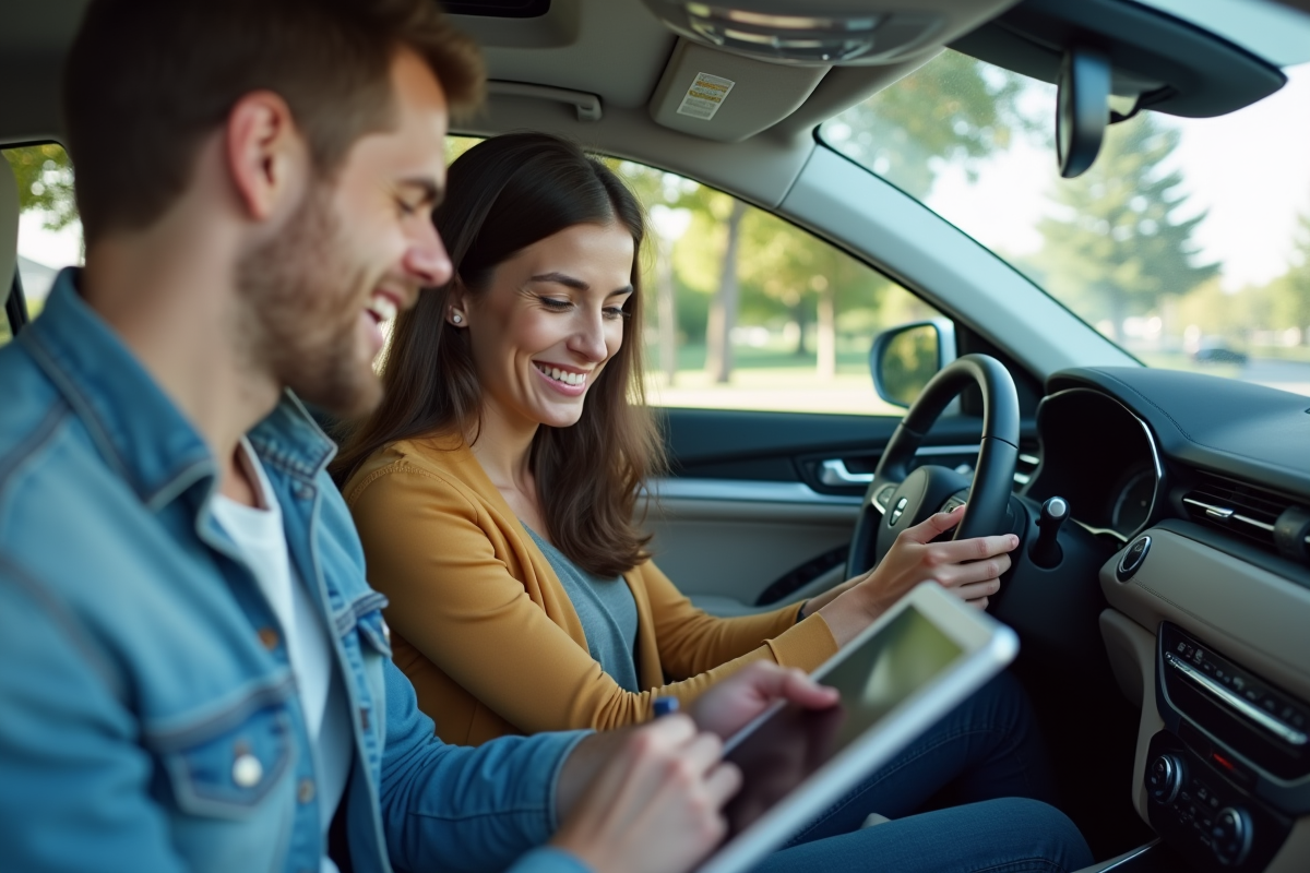 Jeune couple inspectant une voiture dans un showroom lumineux