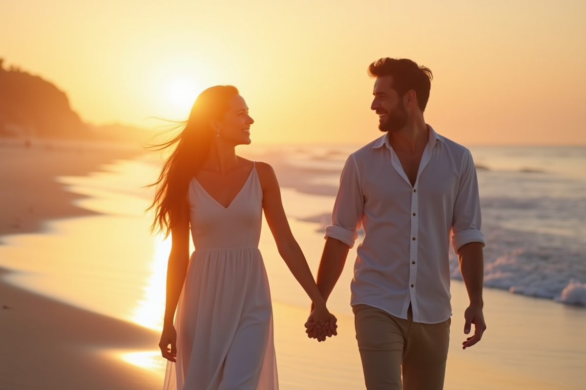 Couple heureux main dans la main sur la plage au coucher de soleil