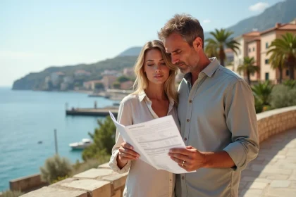 Un couple étudie une brochure immobilière sur une promenade en bord de mer dans une ville côtière méditerranéenne