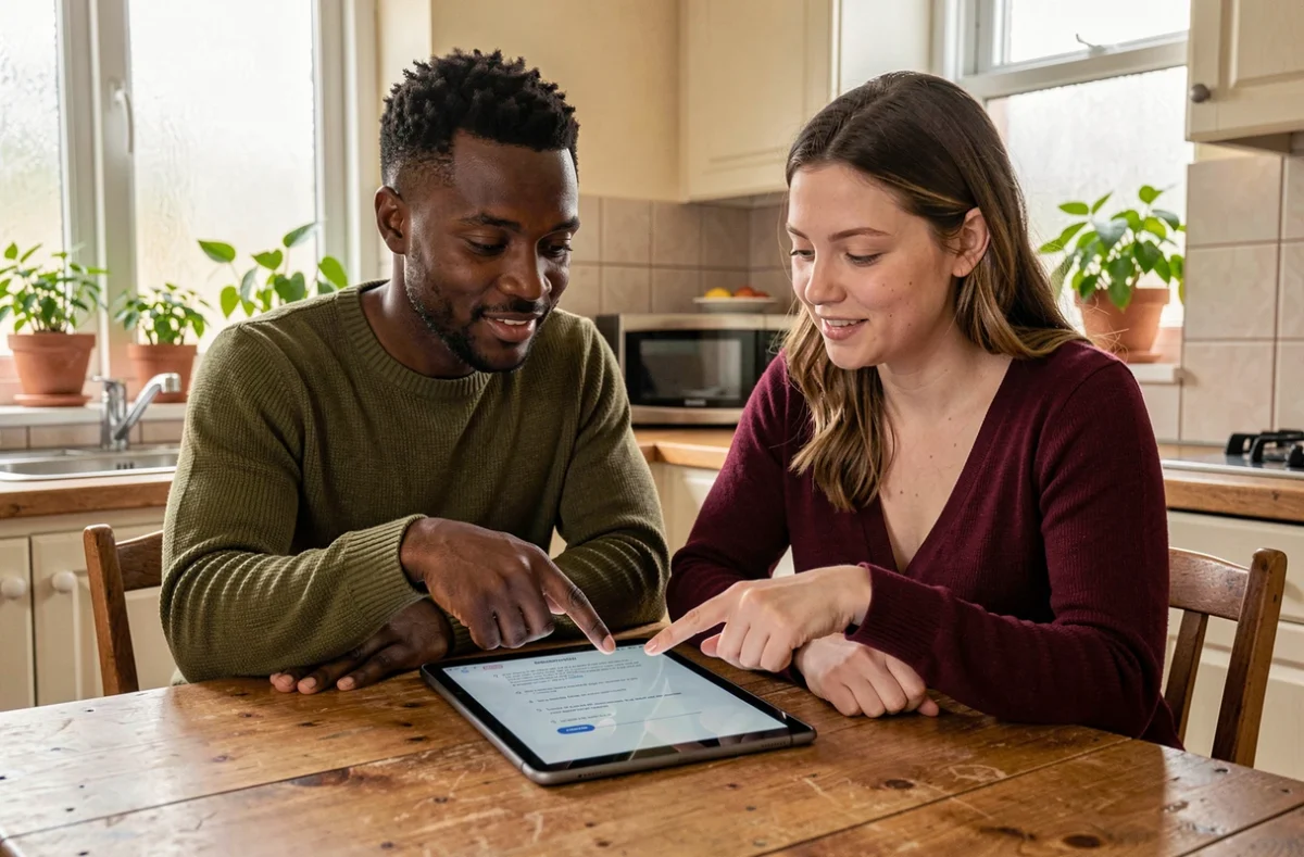 Couple révisant ensemble les questions-réponses d'un entretien de naturalisation sur une tablette numérique