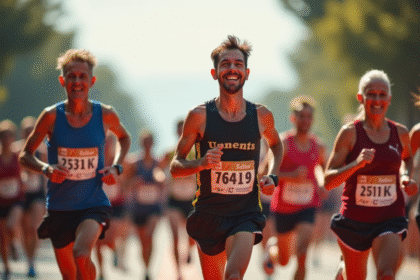 Coureurs divers franchissant la ligne d'arrivée du semi-marathon en plein jour