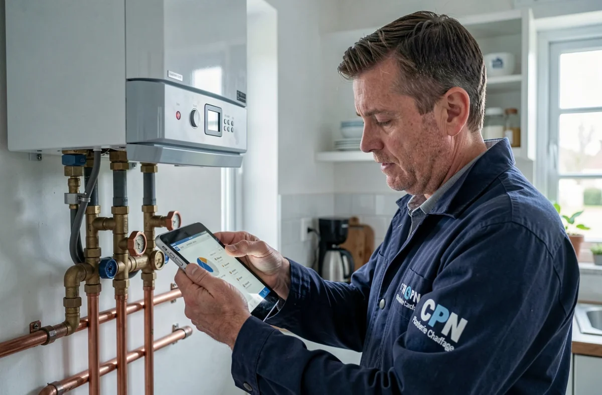 Technicien CPN Plomberie Chauffage effectuant la maintenance d'une chaudière à condensation à Quimper