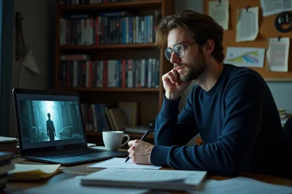 Critique de cinéma analysant la bande-annonce de Destination Final Bloodlines sur son ordinateur portable dans un bureau encombré de notes et d'affiches de films d'horreur