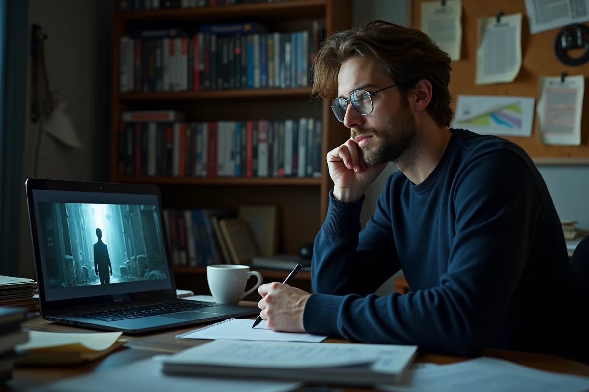 Critique de cinéma analysant la bande-annonce de Destination Final Bloodlines sur son ordinateur portable dans un bureau encombré de notes et d'affiches de films d'horreur