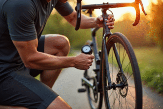 Cycliste vérifiant la pression d'un pneu de vélo au matin