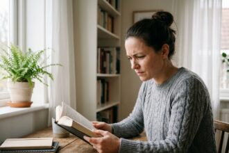 Femme qui plisse les yeux en lisant un livre de près, assise à un bureau en bois dans un bureau à domicile confortable