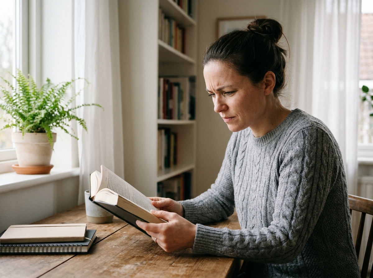 Femme qui plisse les yeux en lisant un livre de près, assise à un bureau en bois dans un bureau à domicile confortable
