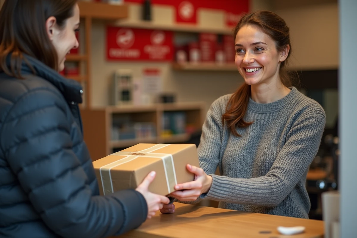 Femme déposant un colis de retour GLS au comptoir d'un bureau de poste en France