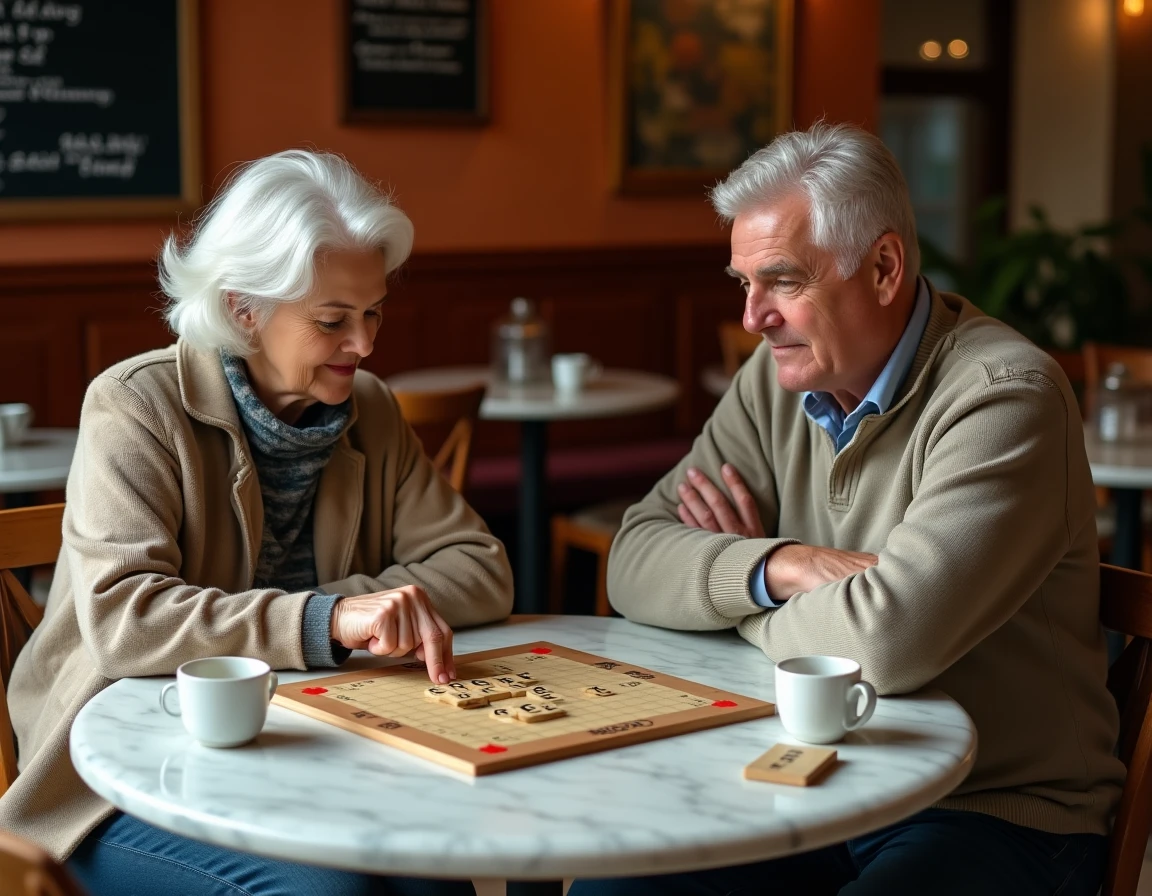 Deux joueurs de Scrabble en désaccord devant un mot rare placé sur le plateau dans un café style français