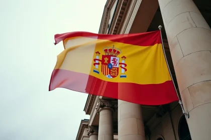 Drapeau espagnol étatique avec blason accroché sur la façade d'un bâtiment gouvernemental en pierre