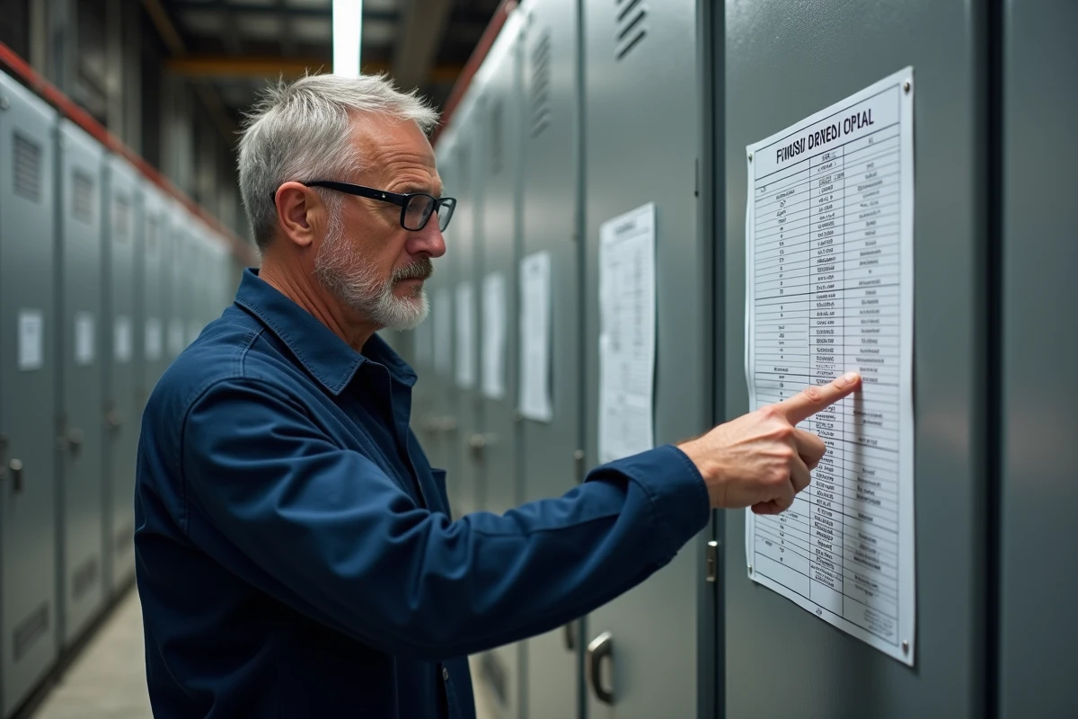 Électricien consultant un tableau de calibre disjoncteur triphasé et sections de câble dans une armoire électrique industrielle