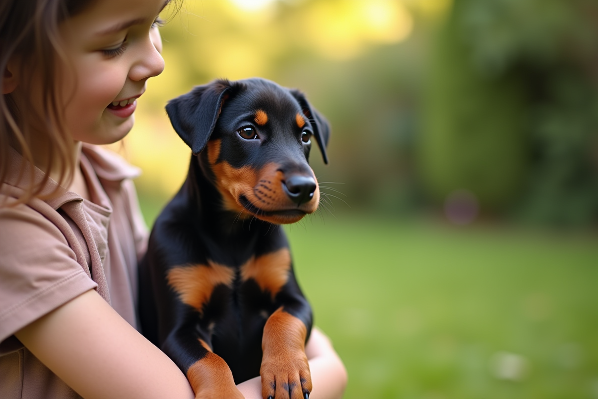 Enfant tenant un chiot doberman dans le jardin ensoleille