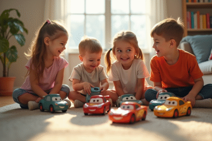 Groupe d'enfants jouant avec des voitures Cars dans le salon
