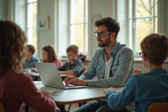 Professeur dans une salle lumineuse de Versailles utilisant un ordinateur