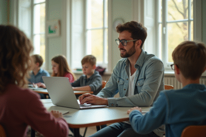 Professeur dans une salle lumineuse de Versailles utilisant un ordinateur