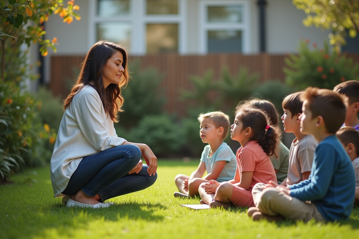 Professeure guidant enfants en pleine écoute en jardin