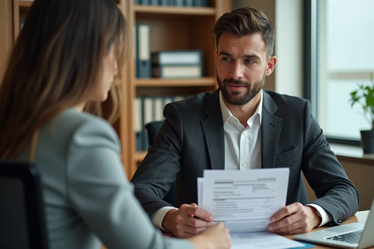 Entretien de carrière entre un professionnel de catégorie intermédiaire et un responsable RH discutant d'évolution salariale
